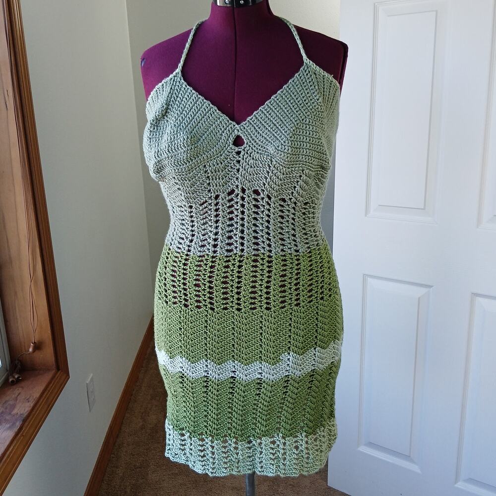 Green Crochet Mini Halter Dress Plus Size OSFA 2X DD sexy summer swim nymph - Picture 6 of 16